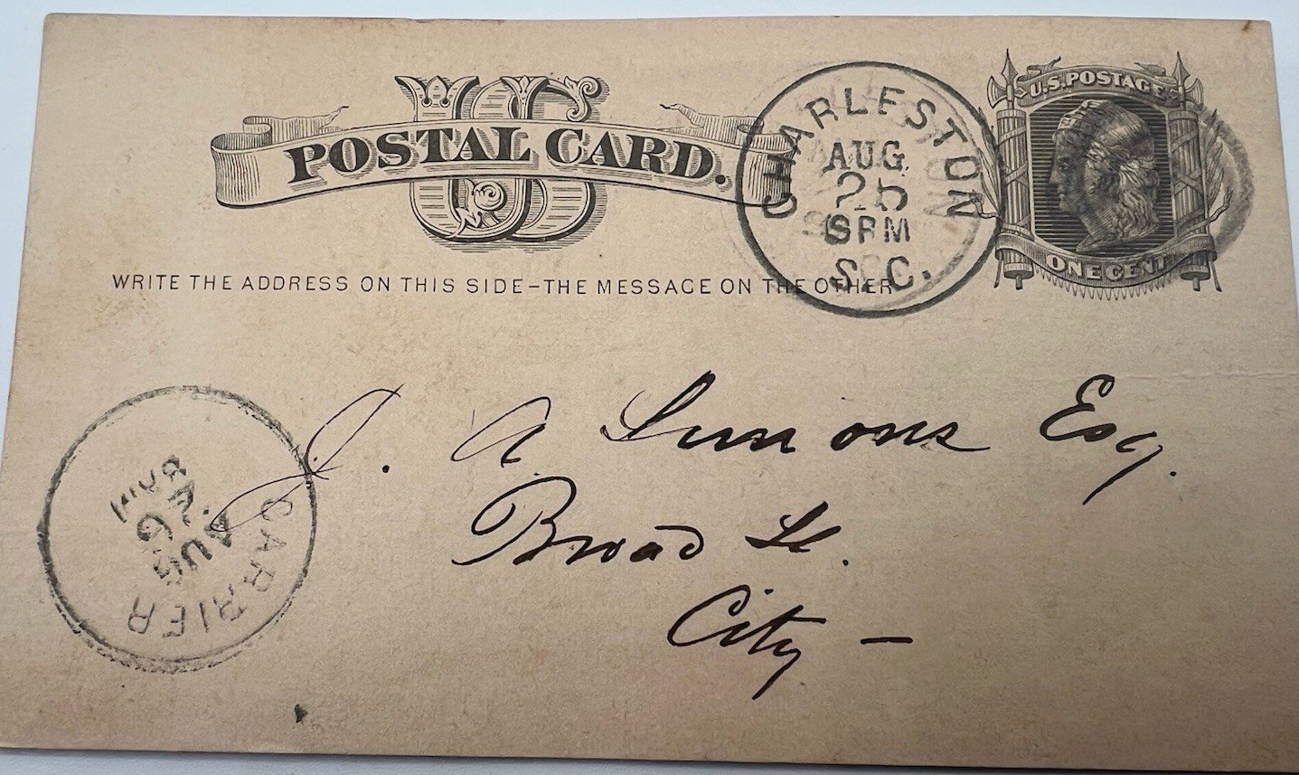 1890 Charleston SC R.M. Marshall Legal Postal Card Jefferson UX9 # 1160