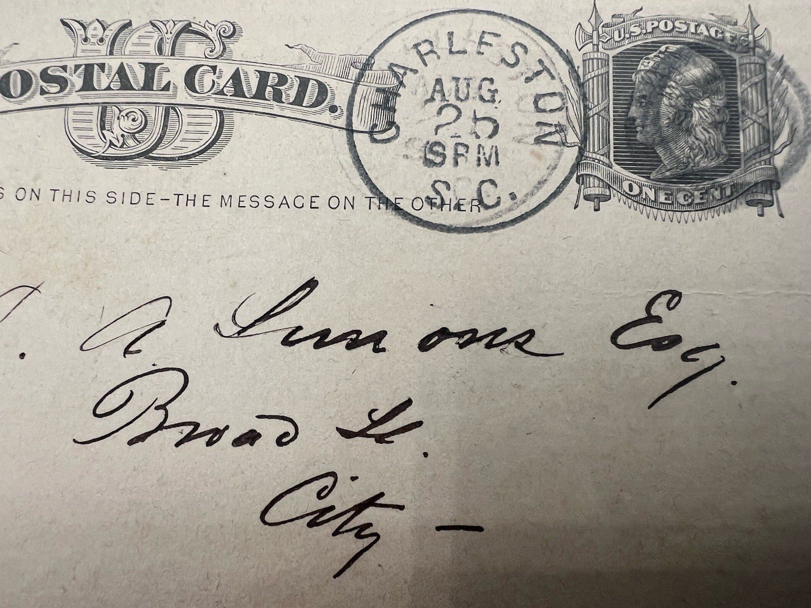 1890 Charleston SC R.M. Marshall Legal Postal Card Jefferson UX9 # 1160 photo 3