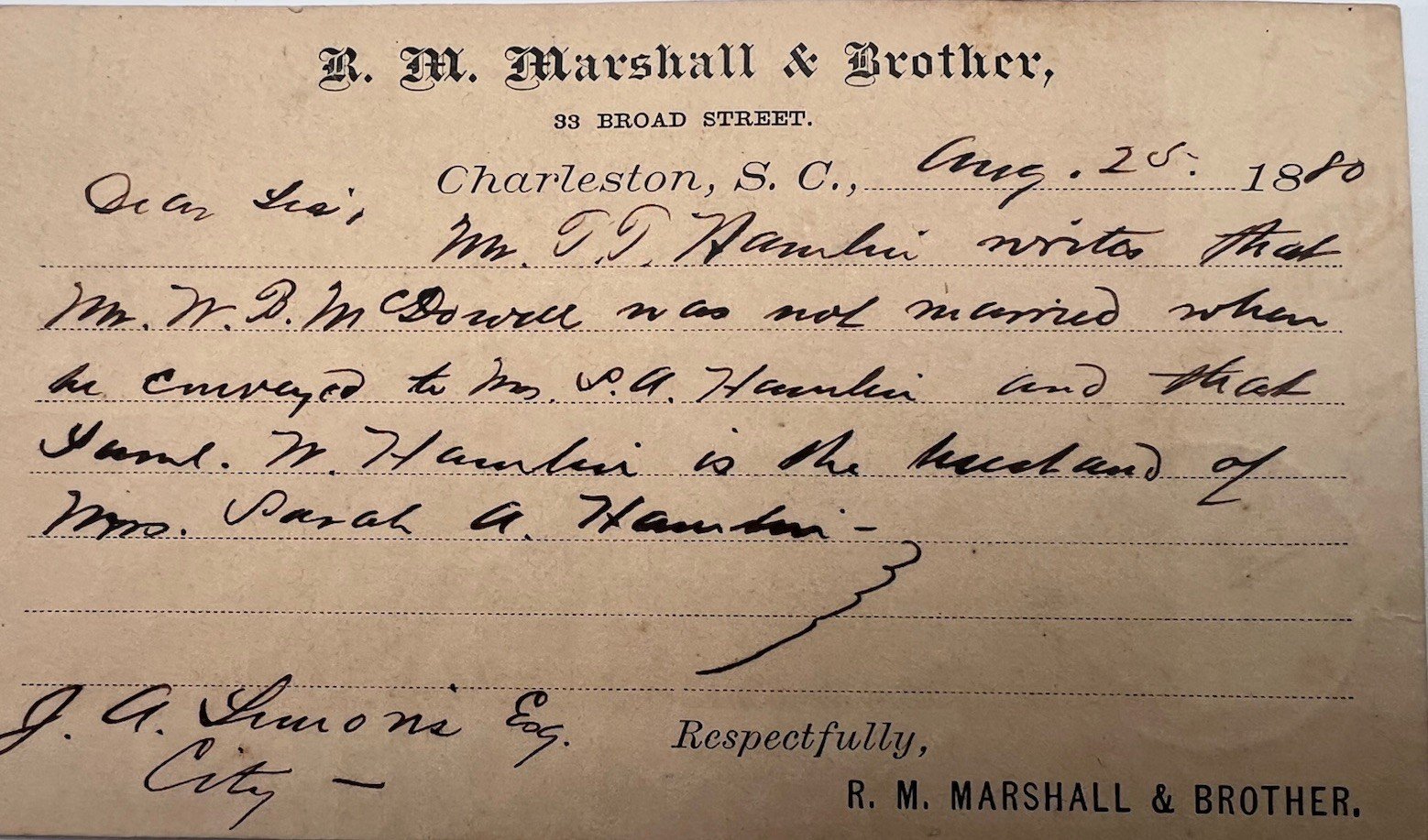 1890 Charleston SC R.M. Marshall Legal Postal Card Jefferson UX9 # 1160 photo 5