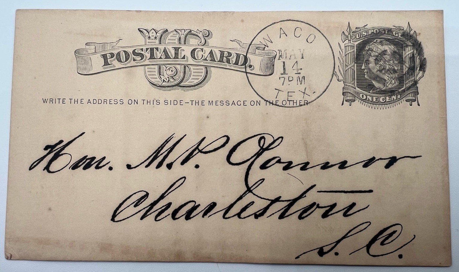 1877 Waco Texas 1¢ Liberty Postal Card to Charleston SC Scott UX5 # 1161