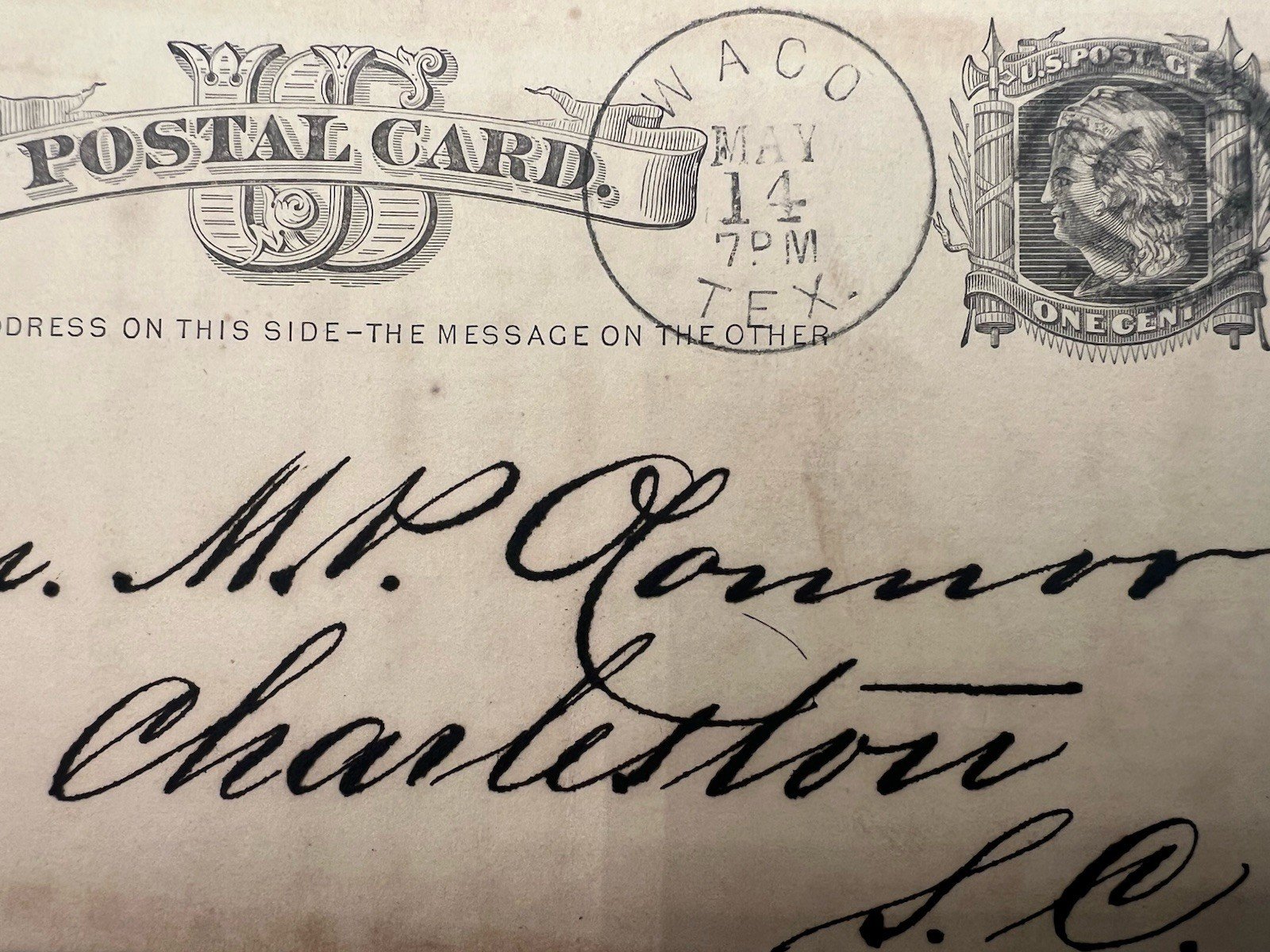 1877 Waco Texas 1¢ Liberty Postal Card to Charleston SC Scott UX5 # 1161 photo 2