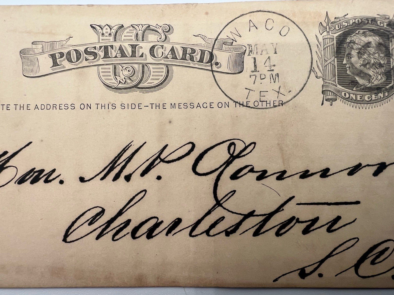 1877 Waco Texas 1¢ Liberty Postal Card to Charleston SC Scott UX5 # 1161 photo 3
