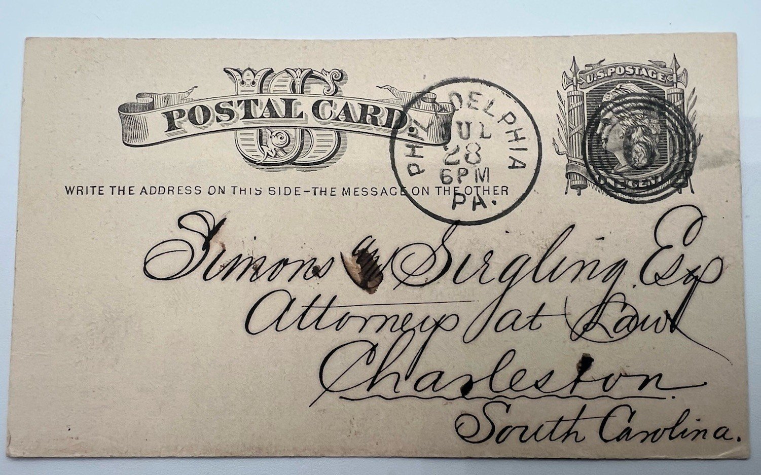 1880 Philadelphia 1¢ Liberty Postal Card Simons & Siegling Charleston SC # 1162