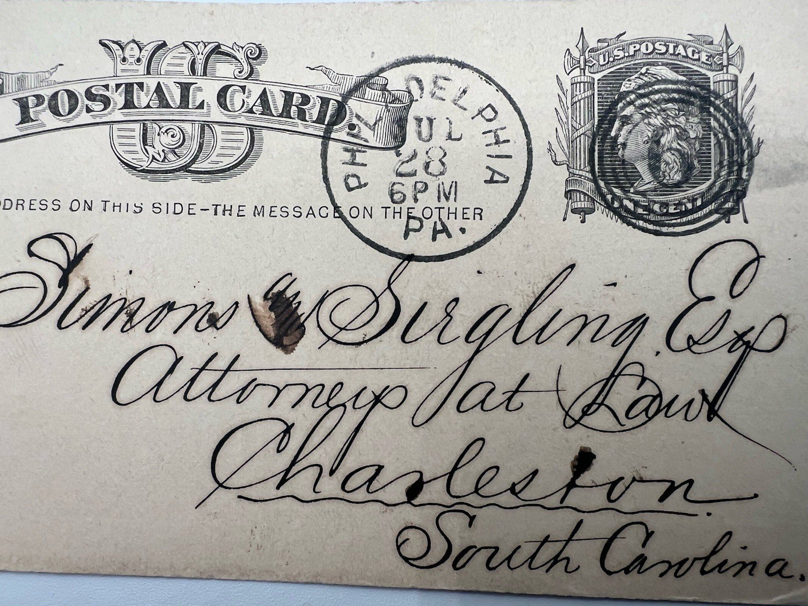 1880 Philadelphia 1¢ Liberty Postal Card Simons & Siegling Charleston SC # 1162 photo 2