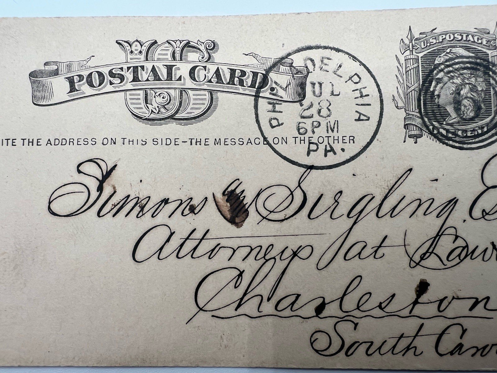 1880 Philadelphia 1¢ Liberty Postal Card Simons & Siegling Charleston SC # 1162 photo 3
