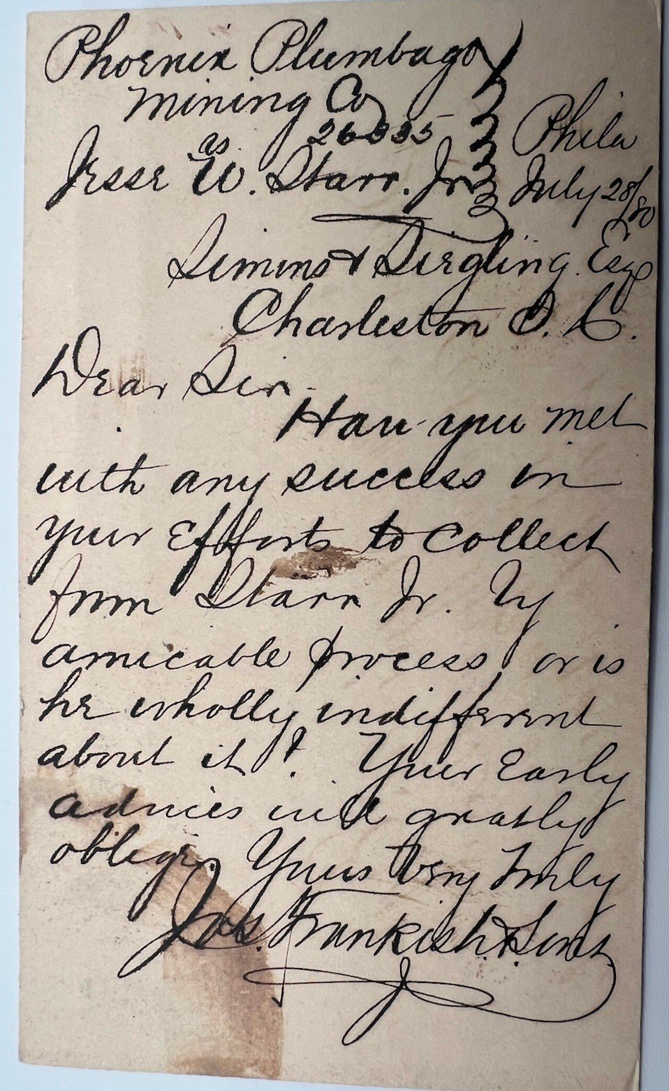 1880 Philadelphia 1¢ Liberty Postal Card Simons & Siegling Charleston SC # 1162 photo 4