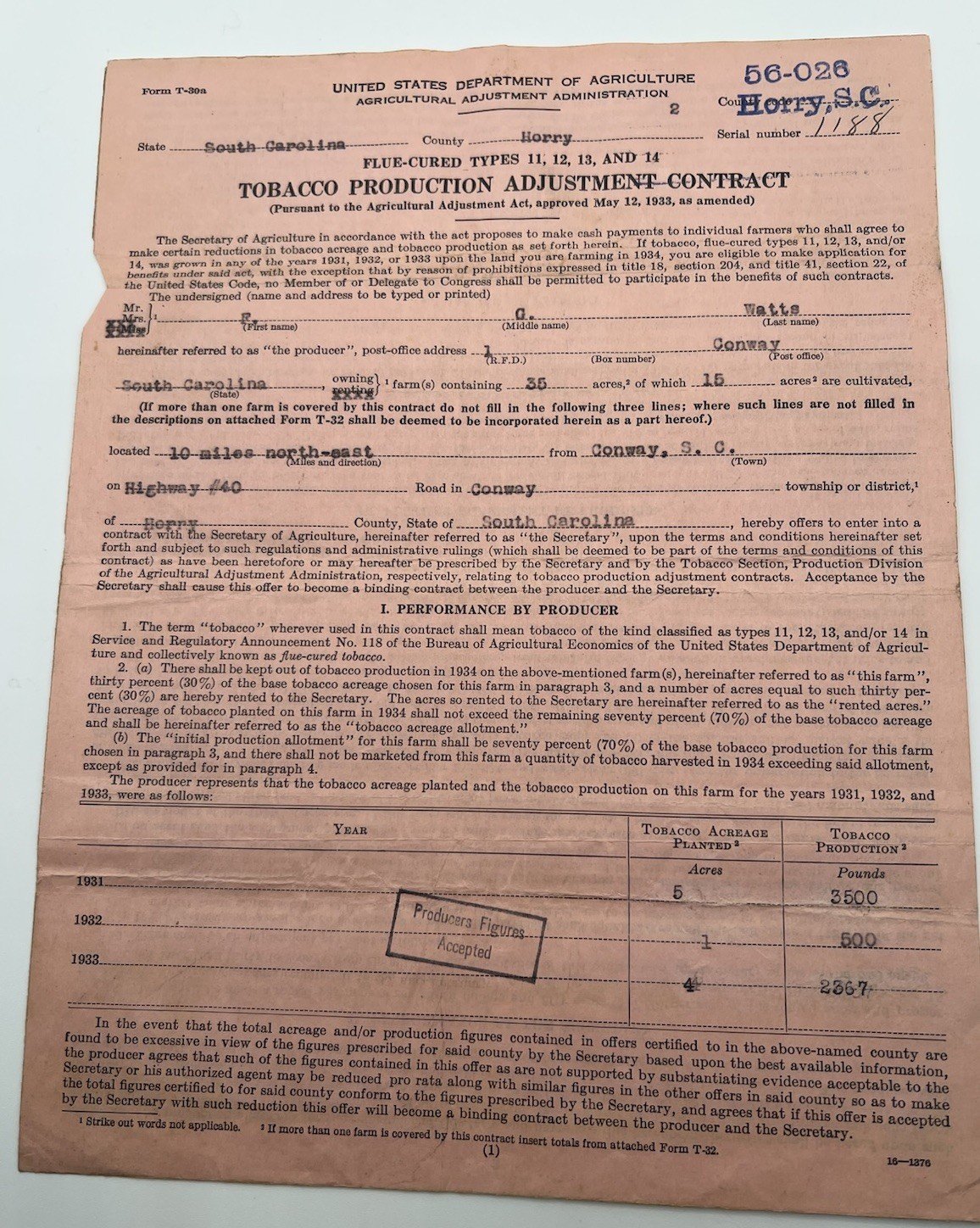 1934 FDR New Deal USDA Tobacco Contract & 1936 Envelope Horry County SC # 1163