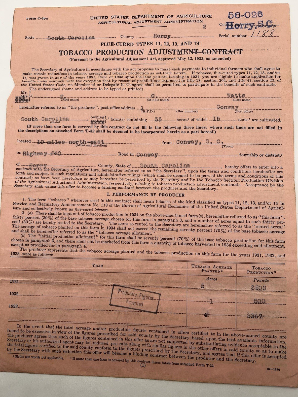 1934 FDR New Deal USDA Tobacco Contract & 1936 Envelope Horry County SC # 1163 photo 2