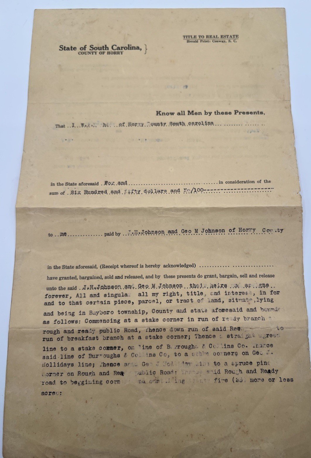 1919 Horry County SC Unexecuted Land Deed Johnson Bayboro Township # 1164