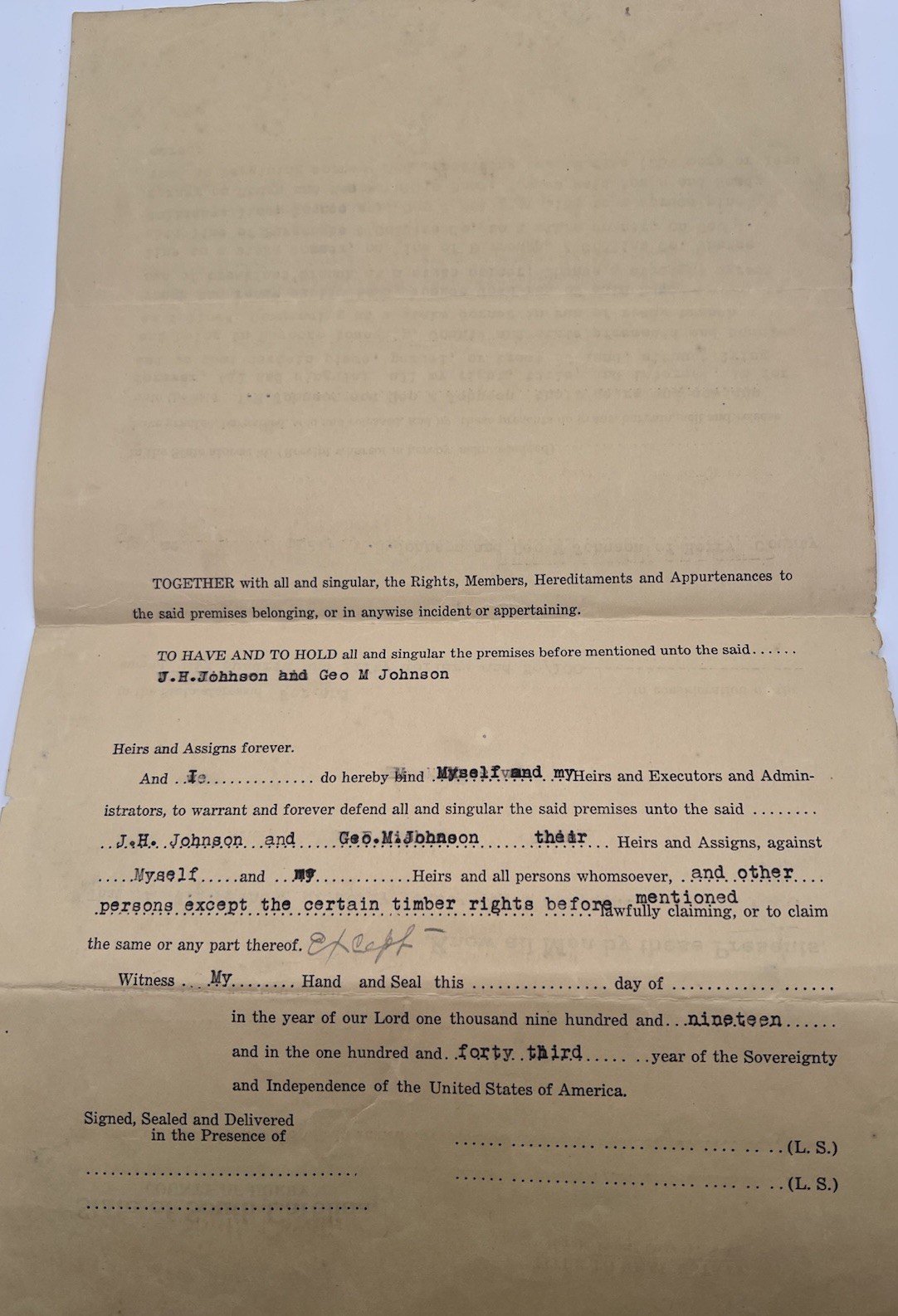 1919 Horry County SC Unexecuted Land Deed Johnson Bayboro Township # 1164 photo 2