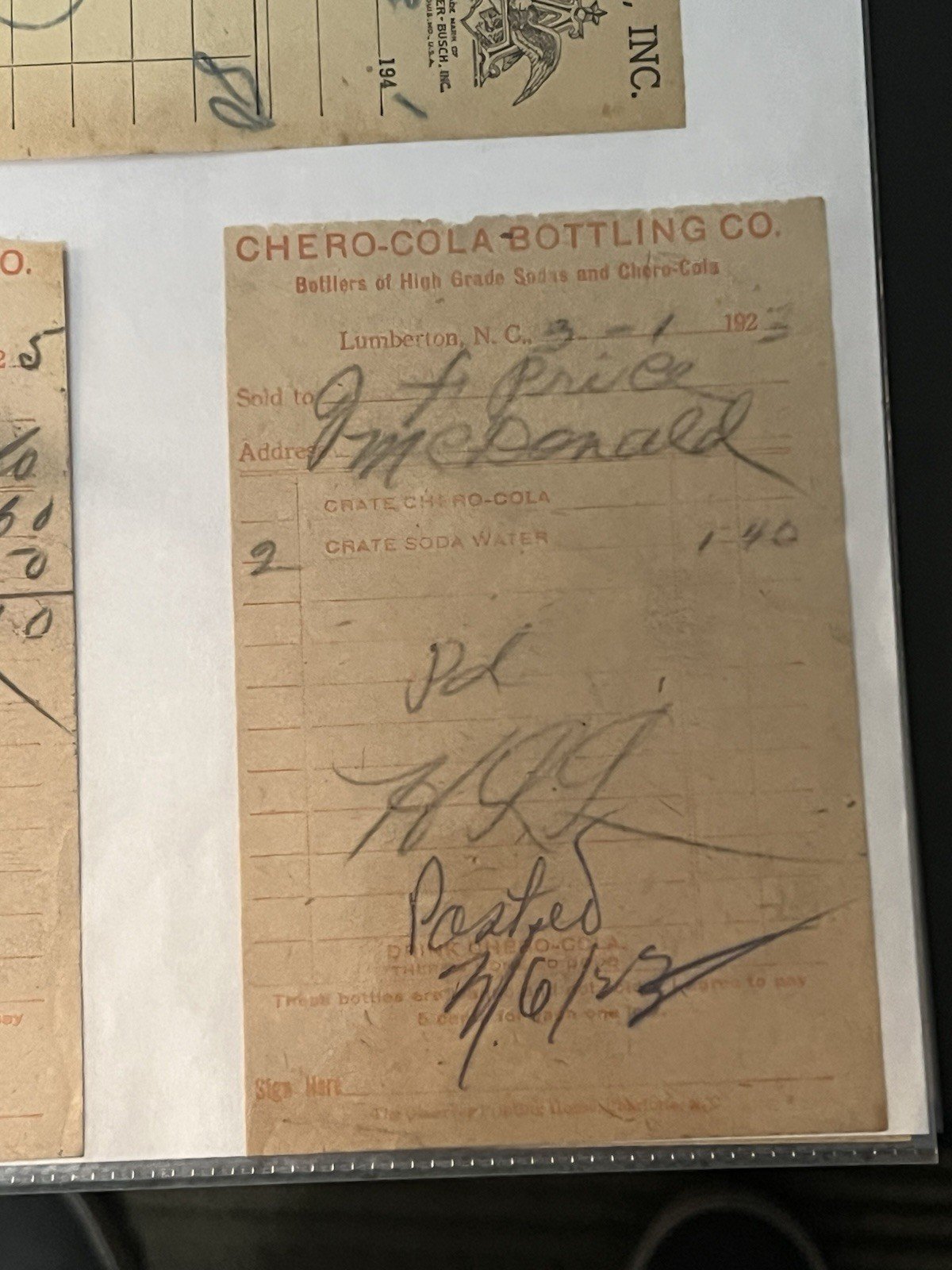 1923-41 Chero-Cola Nu-Icy Budweiser Bottling Receipts Lumberton NC Lot 6  # 1165