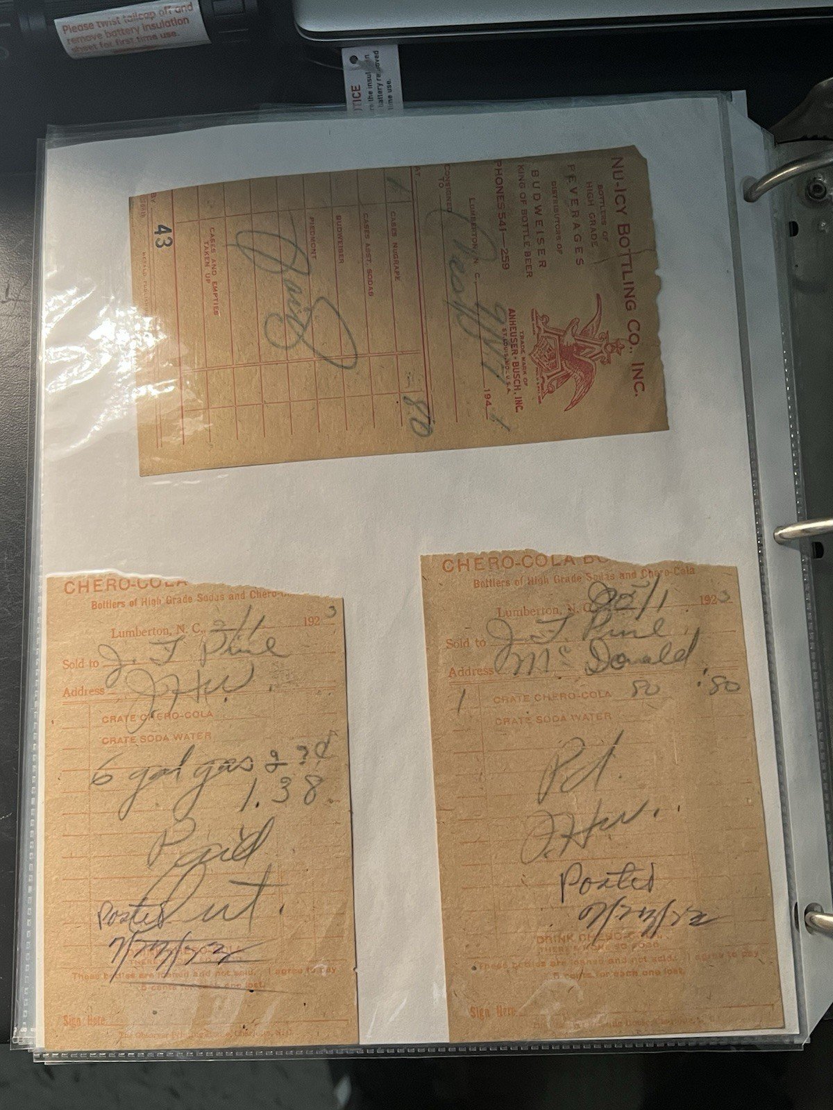 1923-41 Chero-Cola Nu-Icy Budweiser Bottling Receipts Lumberton NC Lot 6  # 1165 photo 2