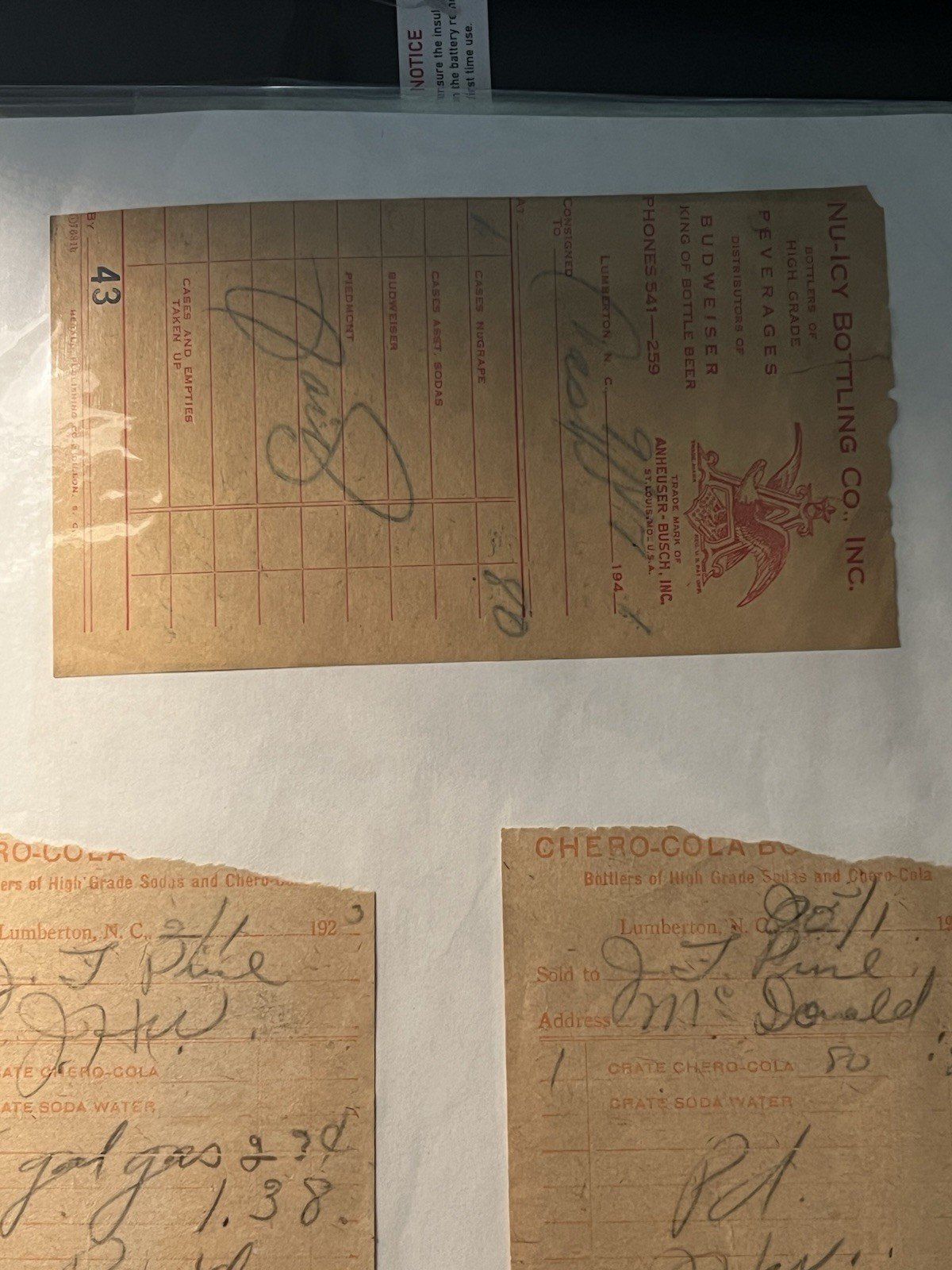 1923-41 Chero-Cola Nu-Icy Budweiser Bottling Receipts Lumberton NC Lot 6  # 1165 photo 3