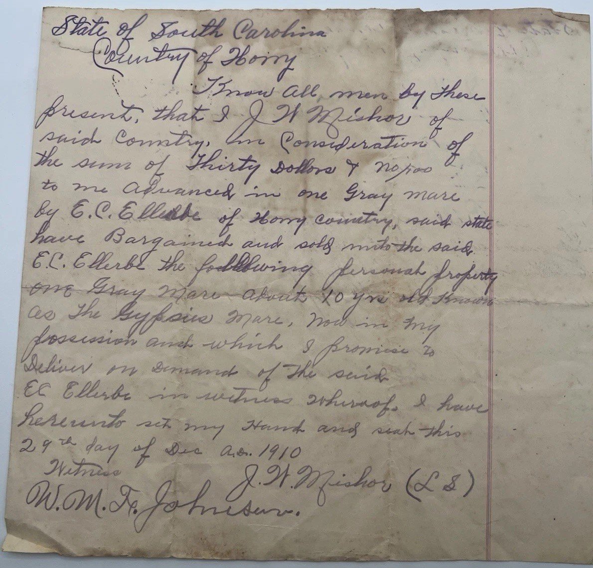 1910 Horry County SC Horse Bill of Sale “Gypsie Mare” Signed Document # 1166