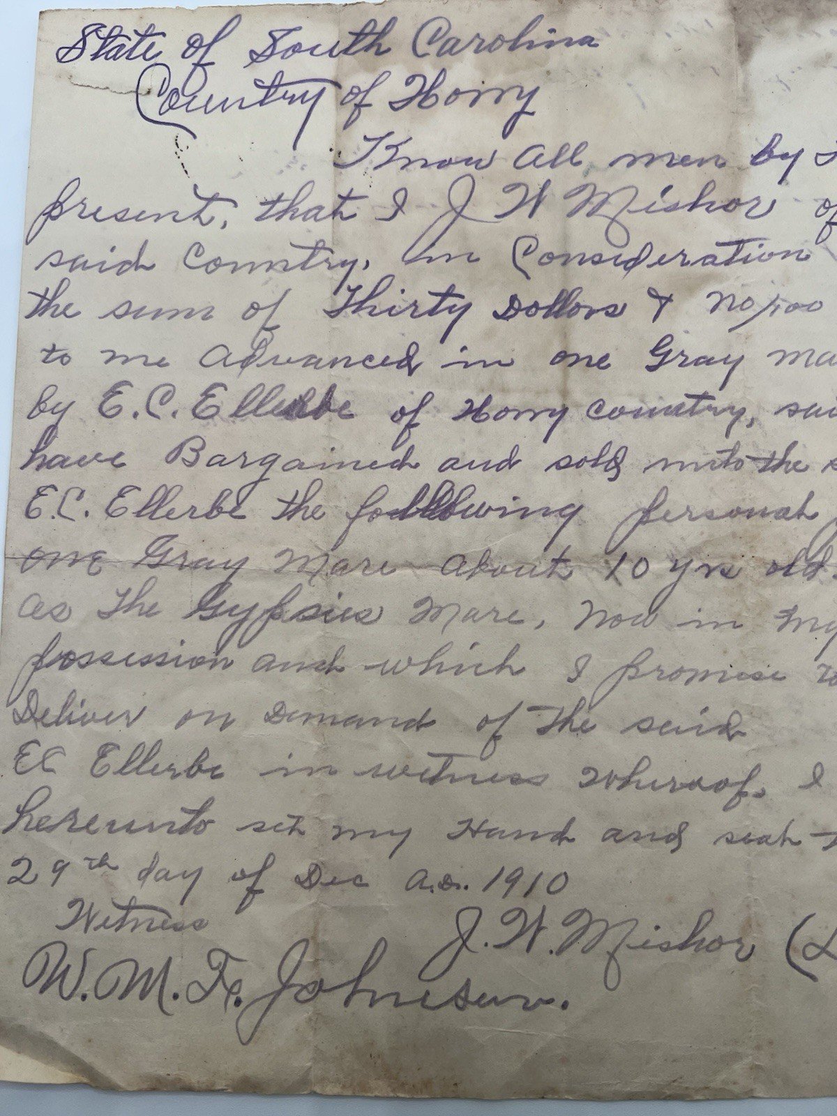 1910 Horry County SC Horse Bill of Sale “Gypsie Mare” Signed Document # 1166 photo 2