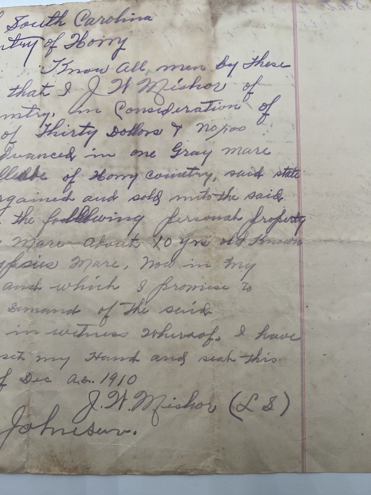 1910 Horry County SC Horse Bill of Sale “Gypsie Mare” Signed Document # 1166 photo 3
