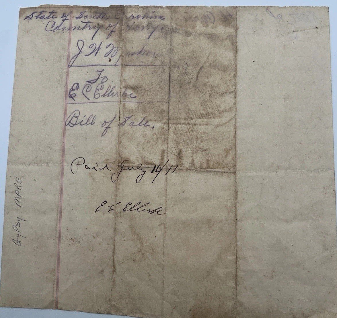 1910 Horry County SC Horse Bill of Sale “Gypsie Mare” Signed Document # 1166 photo 6