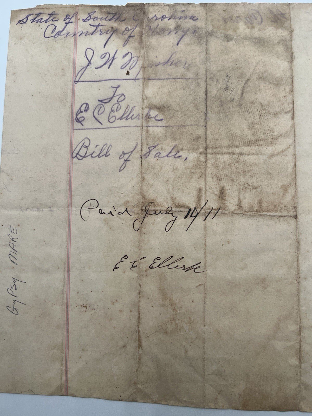 1910 Horry County SC Horse Bill of Sale “Gypsie Mare” Signed Document # 1166 photo 7