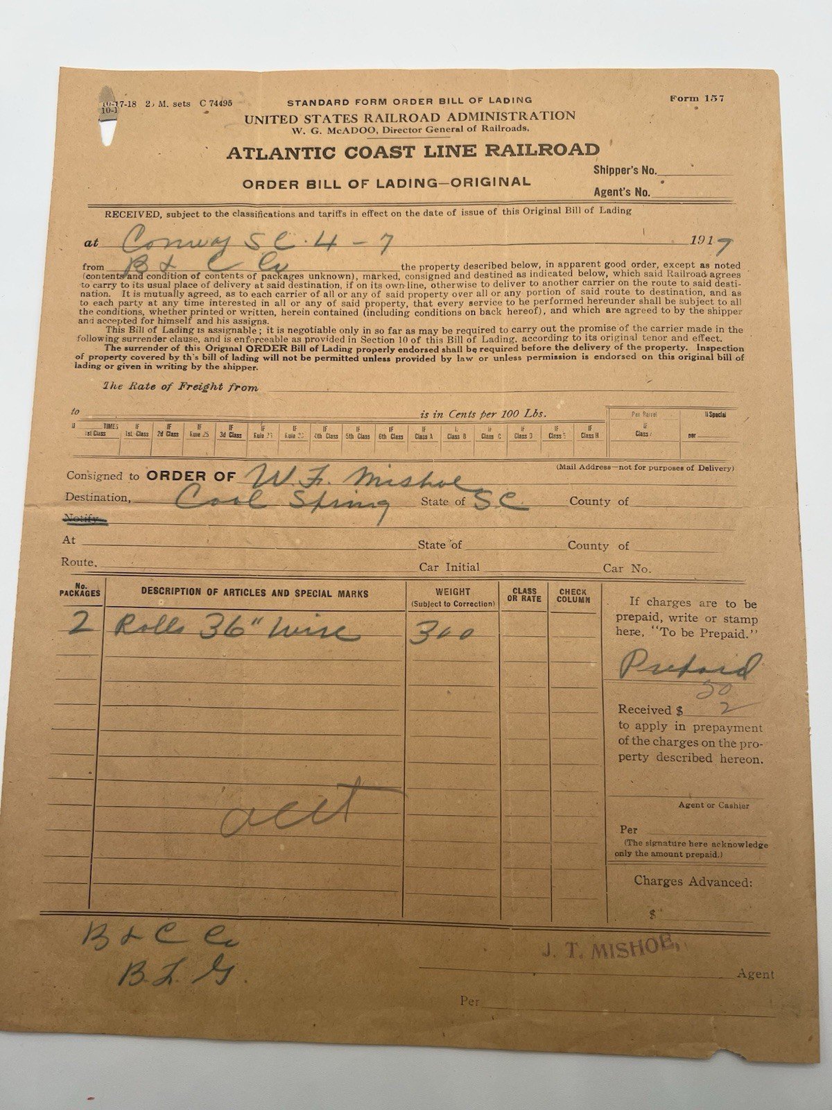 1919 Atlantic Coast Line Railroad USRA Bill of Lading Conway SC w/ Envelope#1169