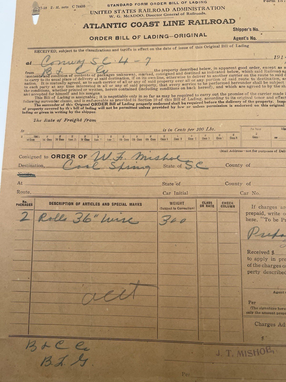 1919 Atlantic Coast Line Railroad USRA Bill of Lading Conway SC w/ Envelope#1169 photo 2