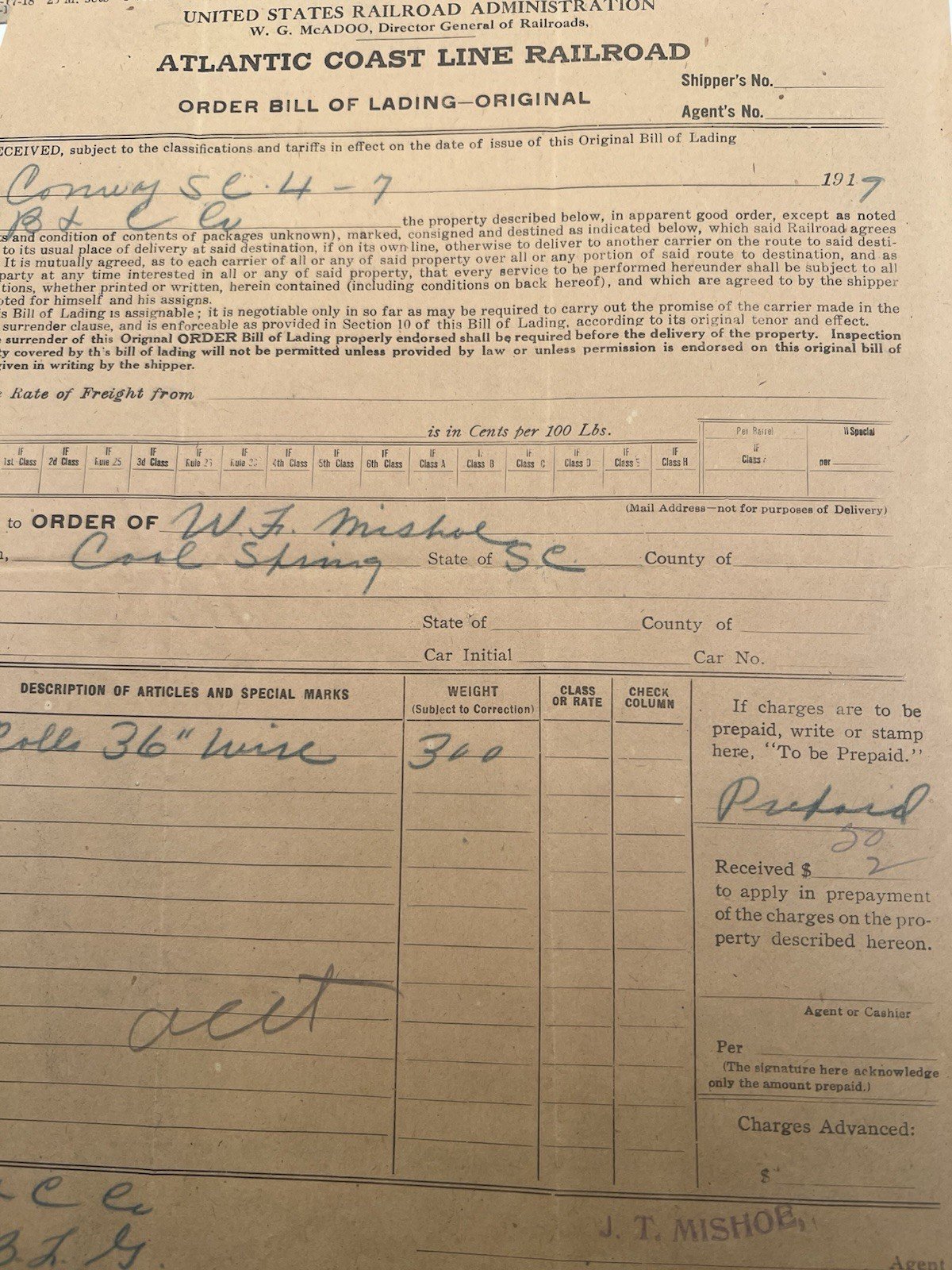 1919 Atlantic Coast Line Railroad USRA Bill of Lading Conway SC w/ Envelope#1169 photo 3