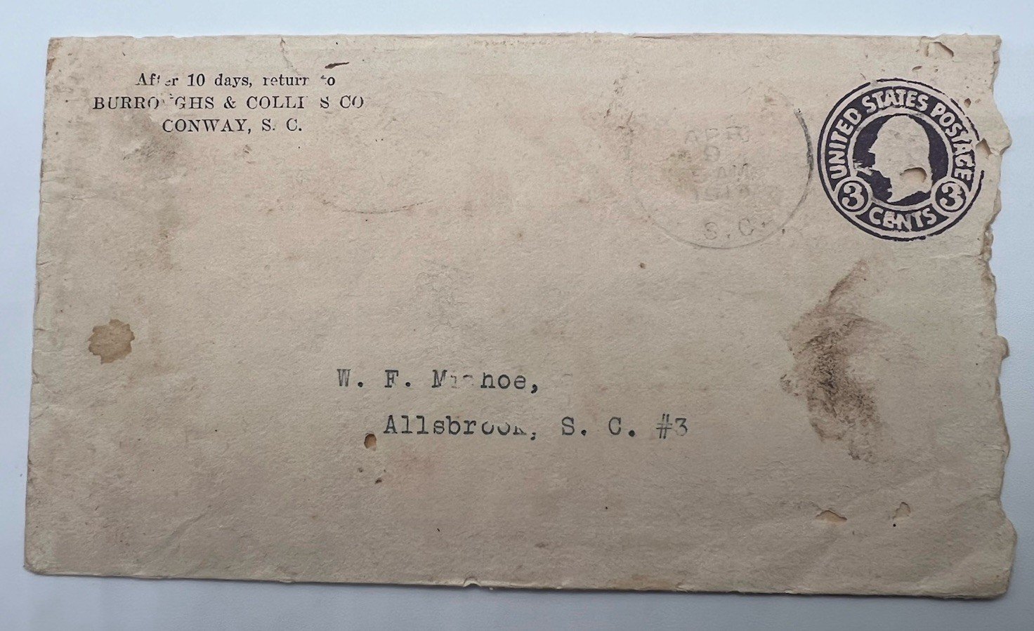 1919 Atlantic Coast Line Railroad USRA Bill of Lading Conway SC w/ Envelope#1169 photo 5