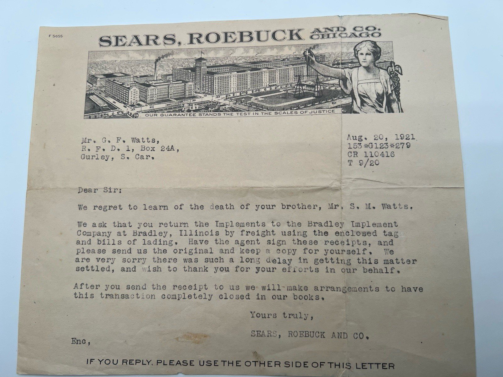 1921 Sears Roebuck Condolence Estate Letter Illustrated Chicago Letterhead #1171