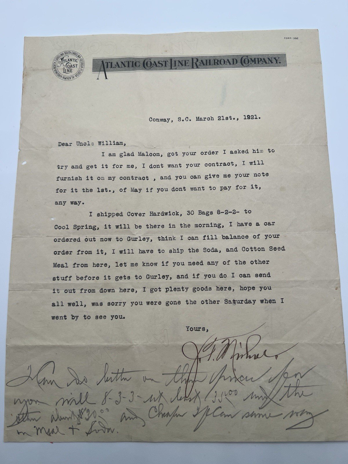 1921 Atlantic Coast Line Railroad Letter Fertilizer Shipment Conway SC # 1172