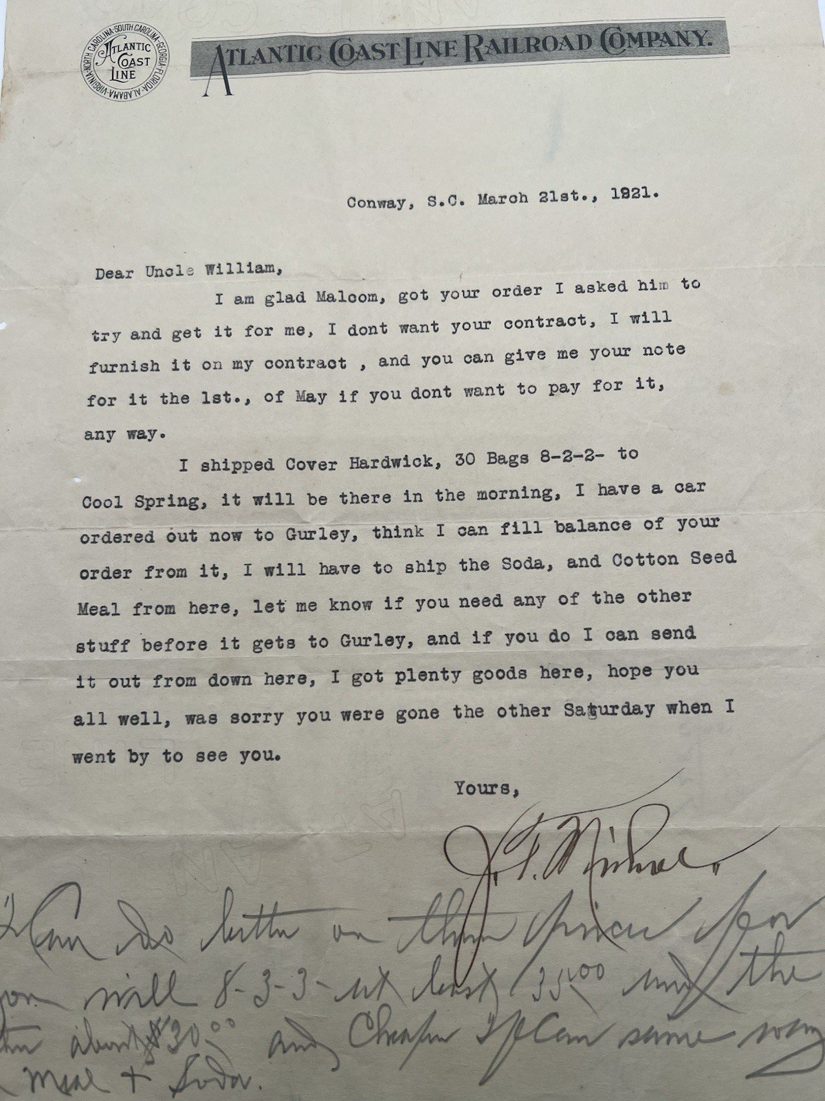 1921 Atlantic Coast Line Railroad Letter Fertilizer Shipment Conway SC # 1172 photo 2