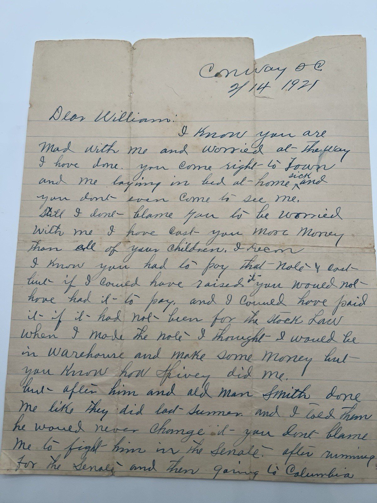 1921 Conway SC Stock Law & State Senate Letter Signed Walter # 1173