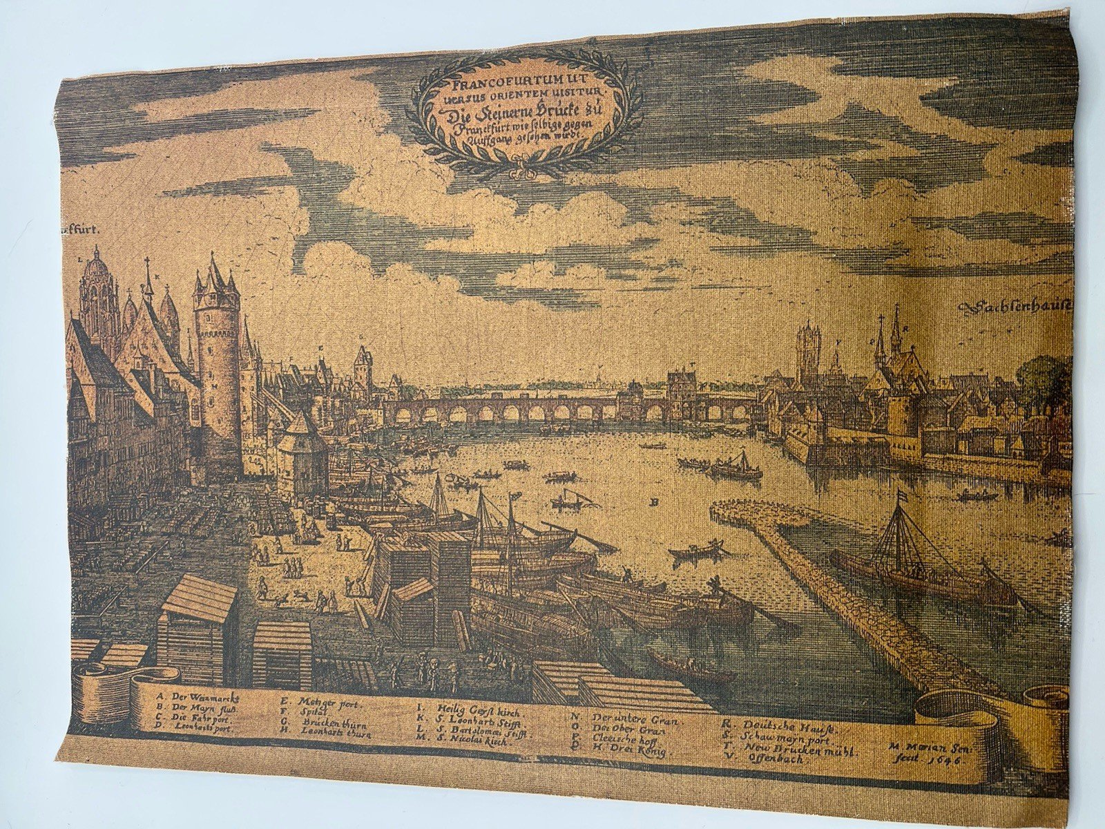 Vintage Frankfurt Germany 1646 Merian City View Printed Fabric Panel # Box
