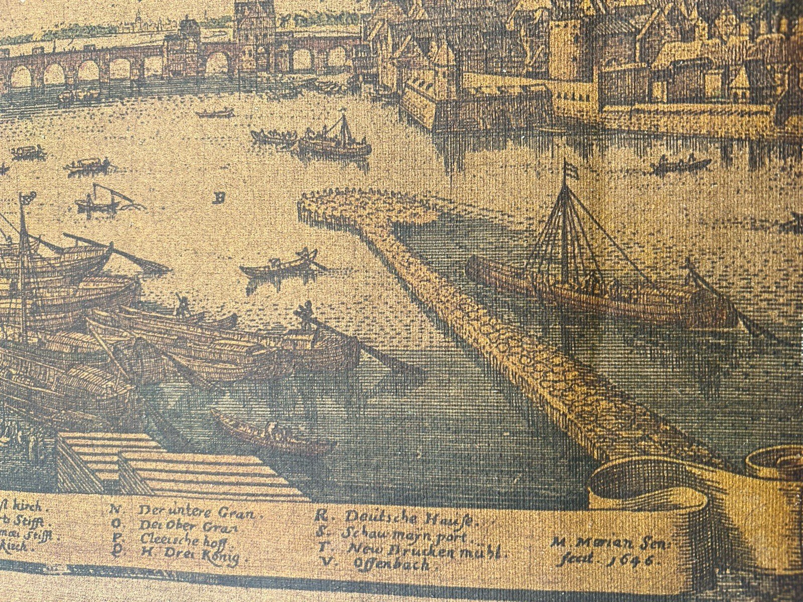 Vintage Frankfurt Germany 1646 Merian City View Printed Fabric Panel # Box photo 6
