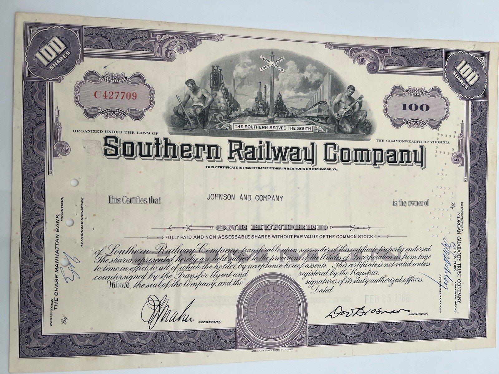 1966 Southern Railway Co 100-Share Stock Certificate Canceled ABNC # B1180