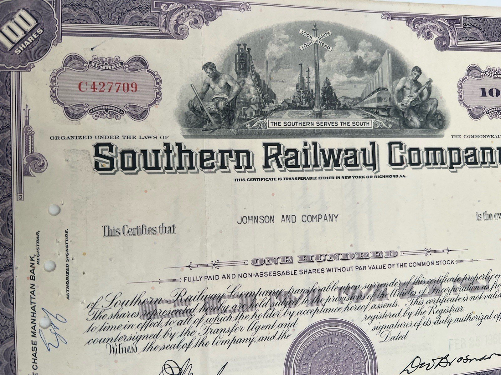 1966 Southern Railway Co 100-Share Stock Certificate Canceled ABNC # B1180 photo 2