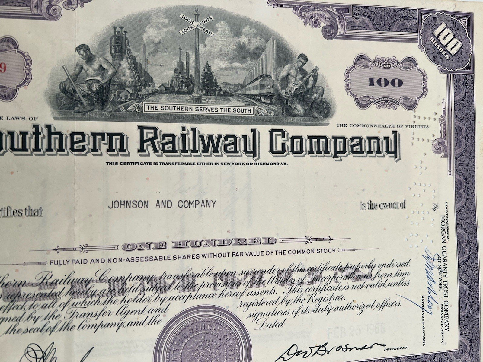 1966 Southern Railway Co 100-Share Stock Certificate Canceled ABNC # B1180 photo 3