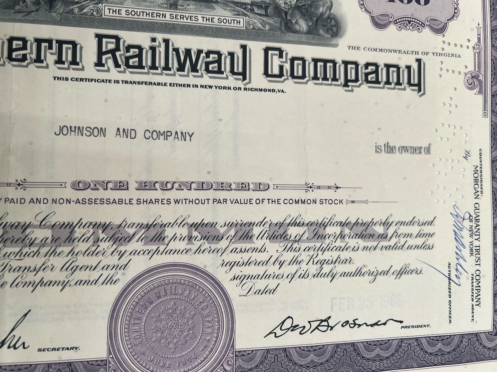 1966 Southern Railway Co 100-Share Stock Certificate Canceled ABNC # B1180 photo 4
