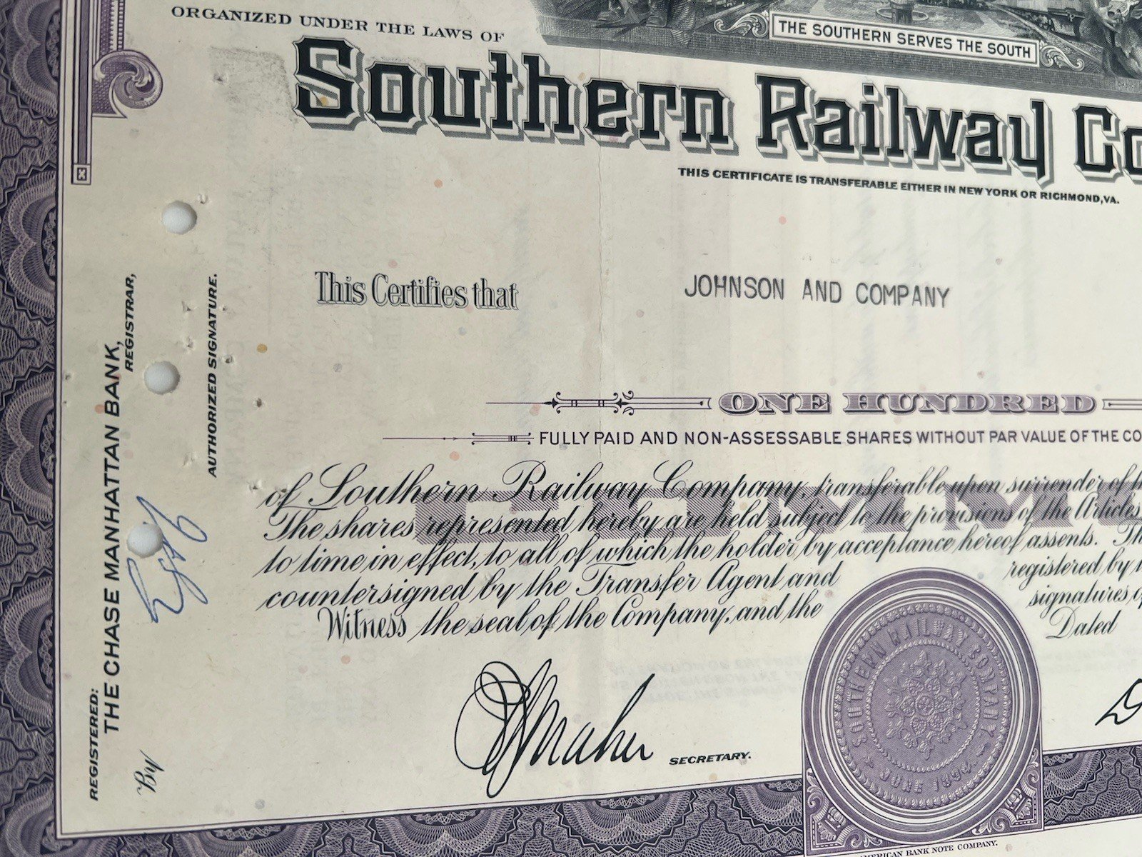 1966 Southern Railway Co 100-Share Stock Certificate Canceled ABNC # B1180 photo 5