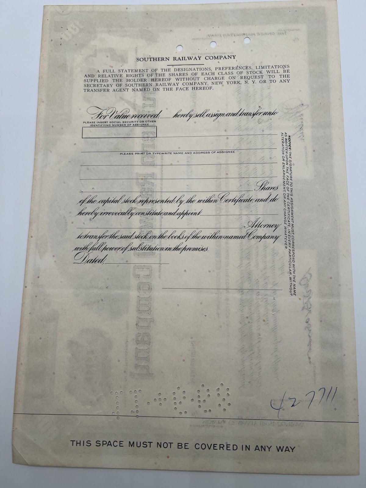 1966 Southern Railway Co 100-Share Stock Certificate Canceled ABNC # B1180 photo 7