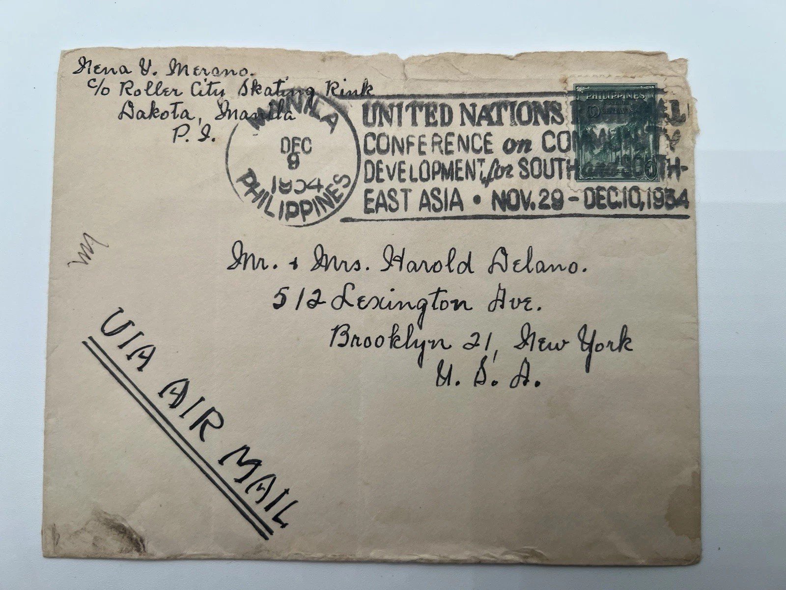 1954 Philippines UN Conference Airmail Cover Manila to Brooklyn NY # 1185