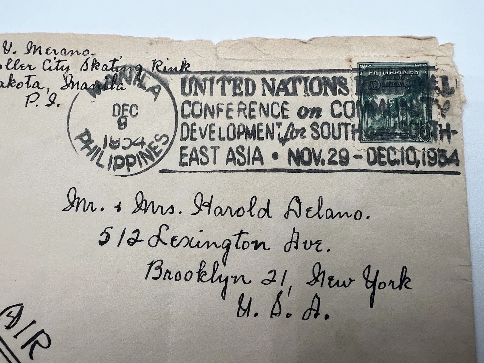 1954 Philippines UN Conference Airmail Cover Manila to Brooklyn NY # 1185 photo 2