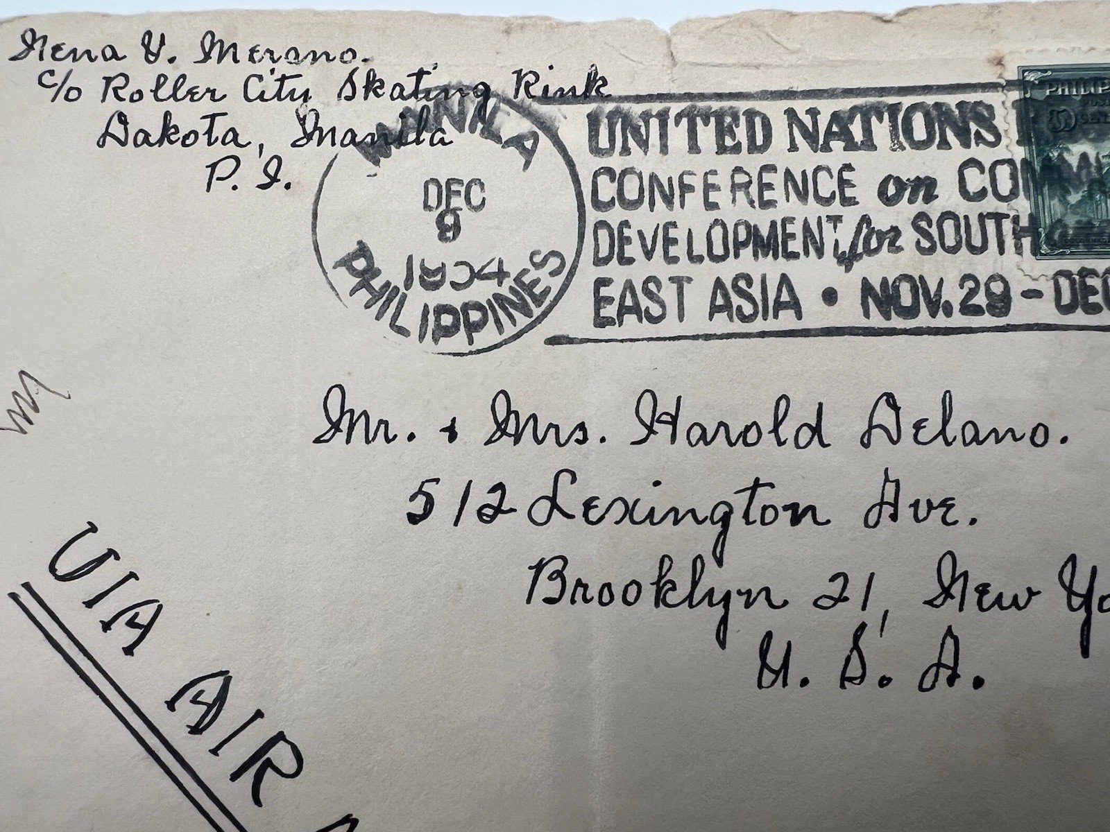 1954 Philippines UN Conference Airmail Cover Manila to Brooklyn NY # 1185 photo 3
