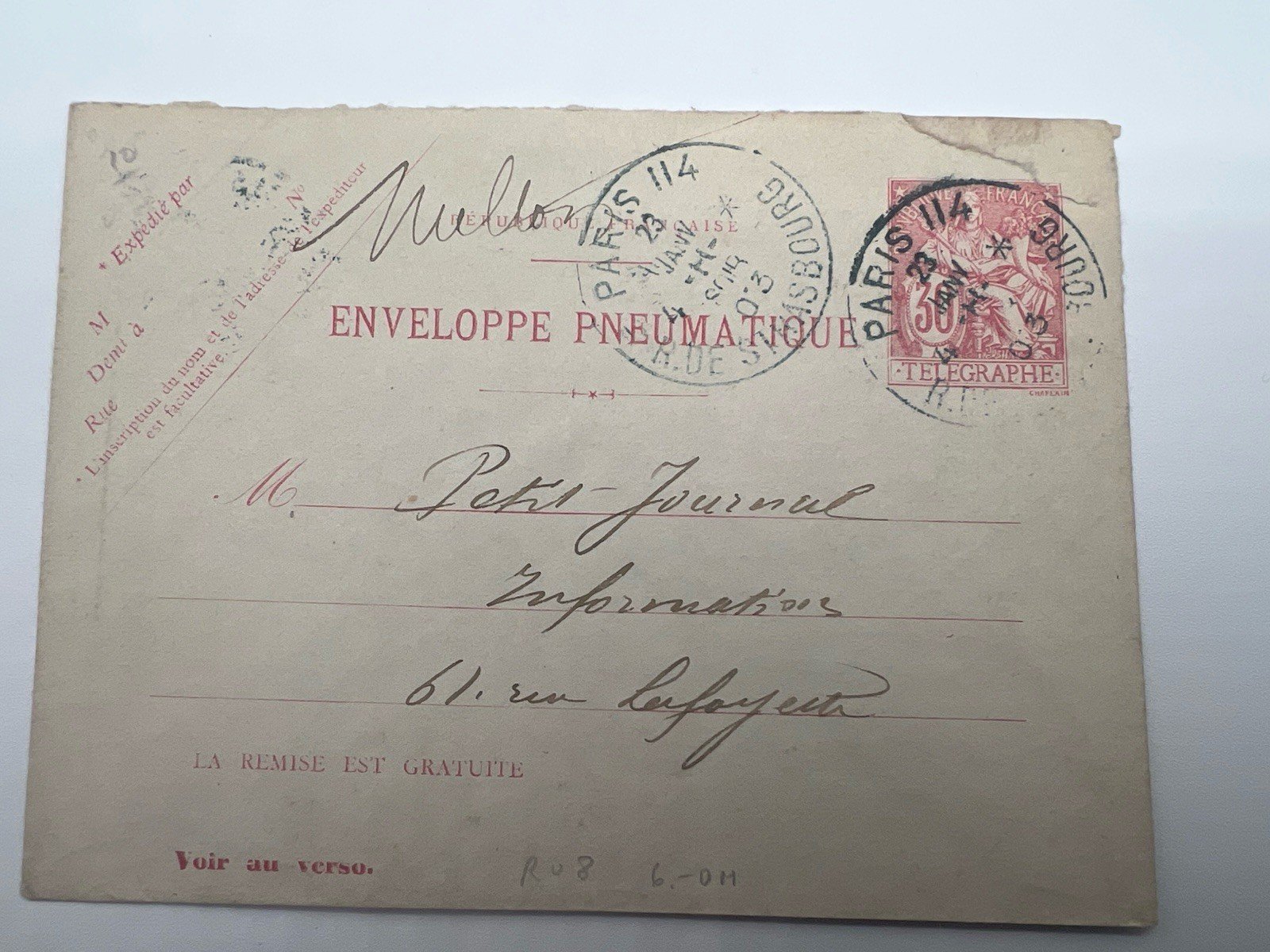 1903 Paris Pneumatic Mail Envelope 50c Télégraphie Le Petit Journal # 1187