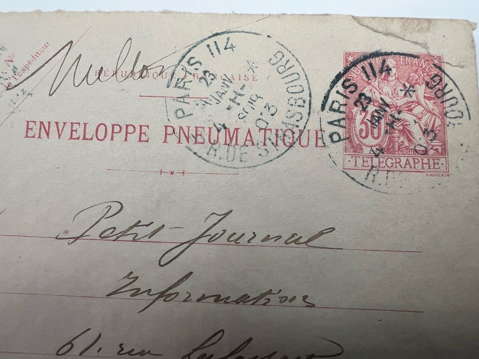 1903 Paris Pneumatic Mail Envelope 50c Télégraphie Le Petit Journal # 1187 photo 2
