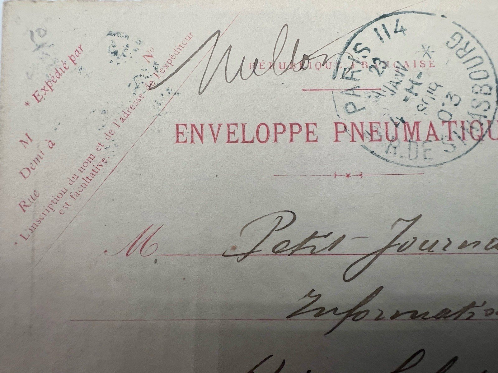 1903 Paris Pneumatic Mail Envelope 50c Télégraphie Le Petit Journal # 1187 photo 4