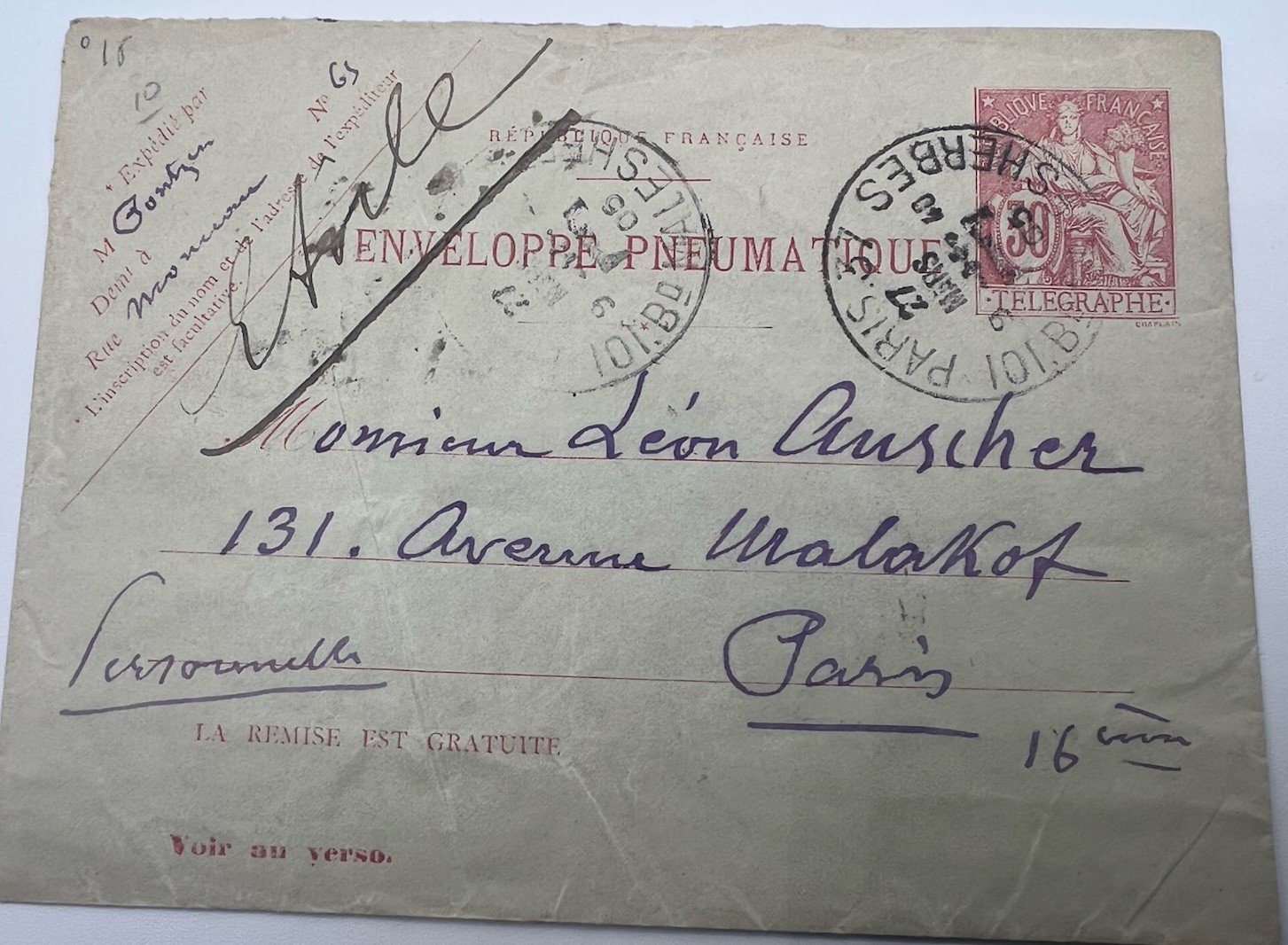 1903 Paris Pneumatic Mail Envelope 50c Télégraphie Avenue Malakoff # 1188