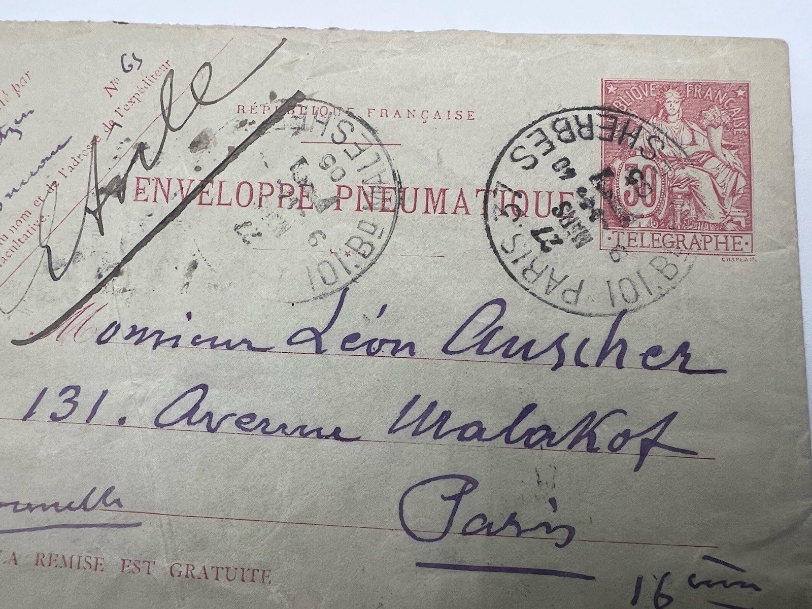 1903 Paris Pneumatic Mail Envelope 50c Télégraphie Avenue Malakoff # 1188 photo 2