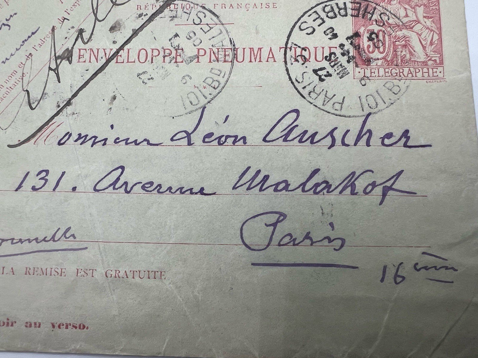 1903 Paris Pneumatic Mail Envelope 50c Télégraphie Avenue Malakoff # 1188 photo 3