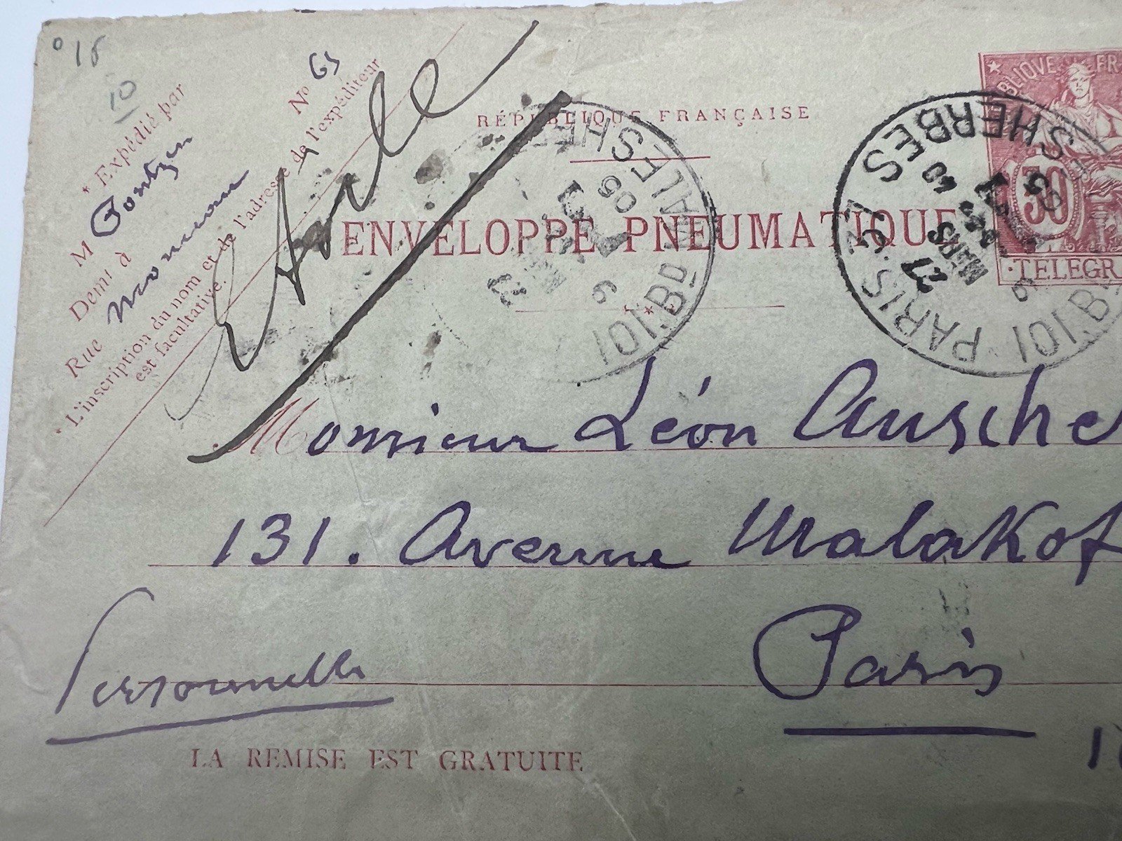 1903 Paris Pneumatic Mail Envelope 50c Télégraphie Avenue Malakoff # 1188 photo 4