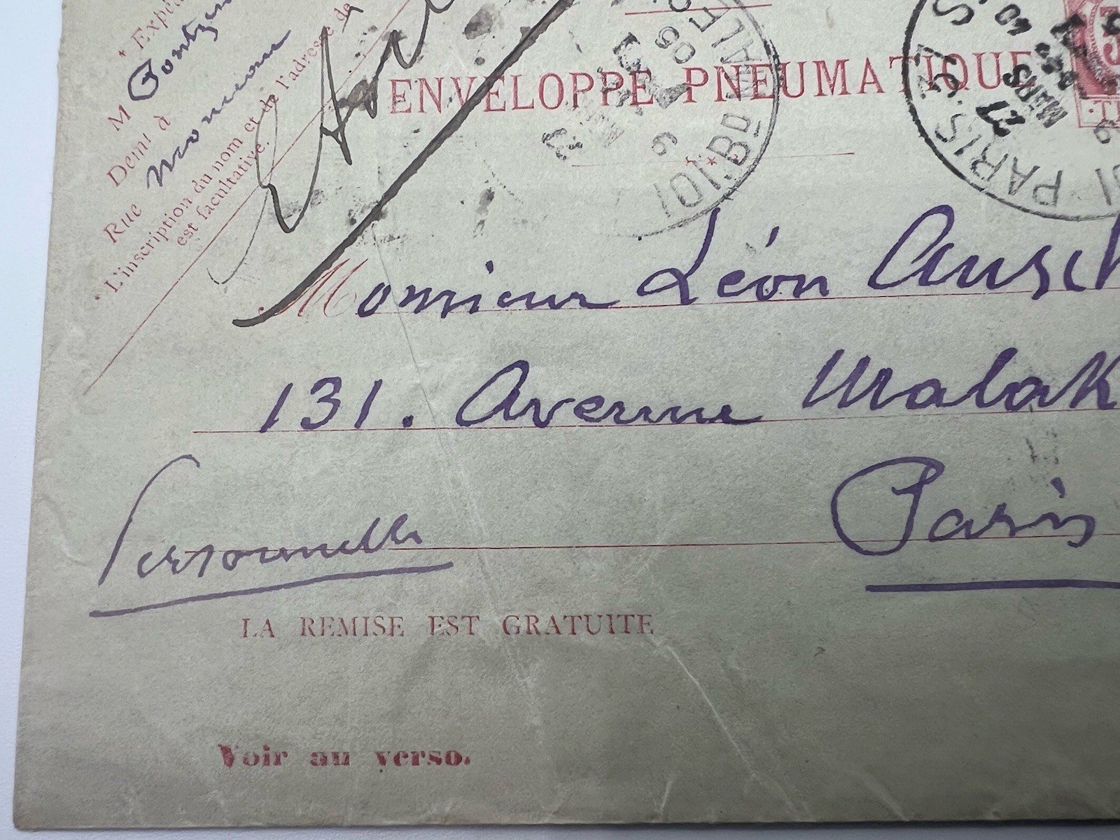 1903 Paris Pneumatic Mail Envelope 50c Télégraphie Avenue Malakoff # 1188 photo 5