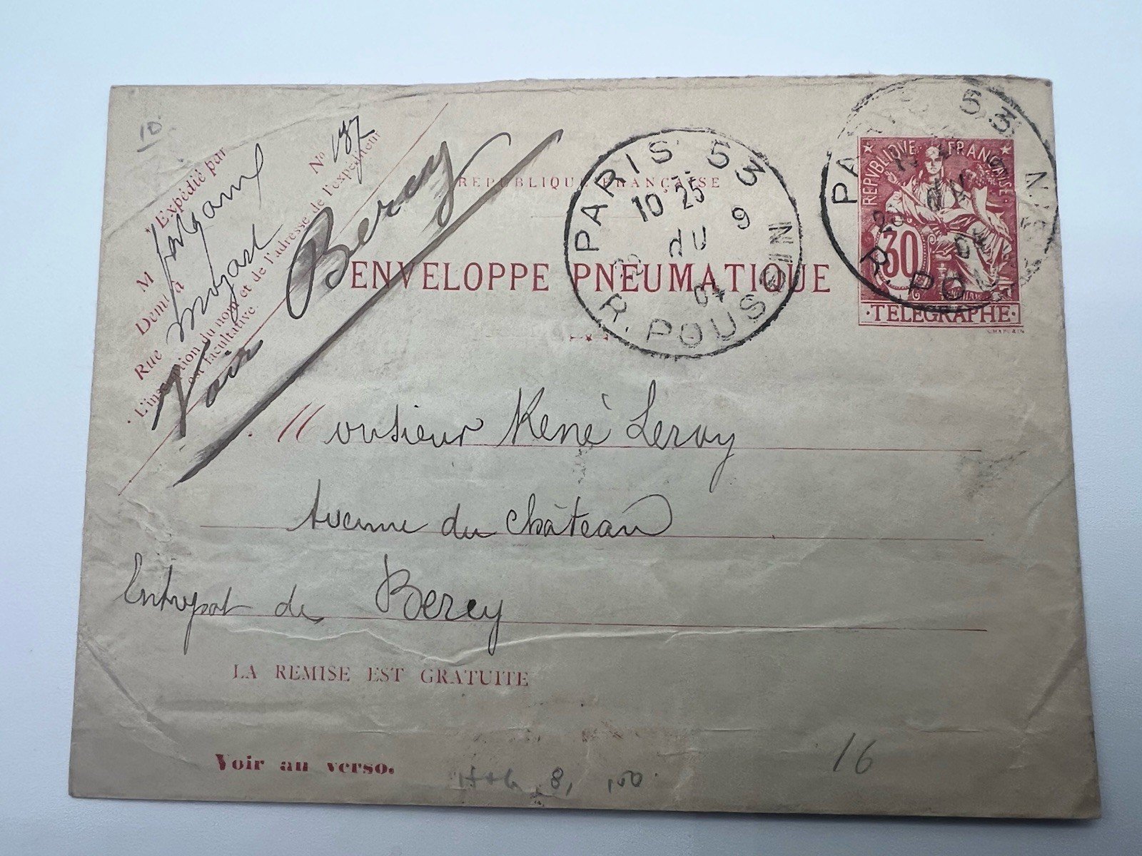 1904 Paris Pneumatic Mail Envelope 30c Télégraphie Bercy France # 1189